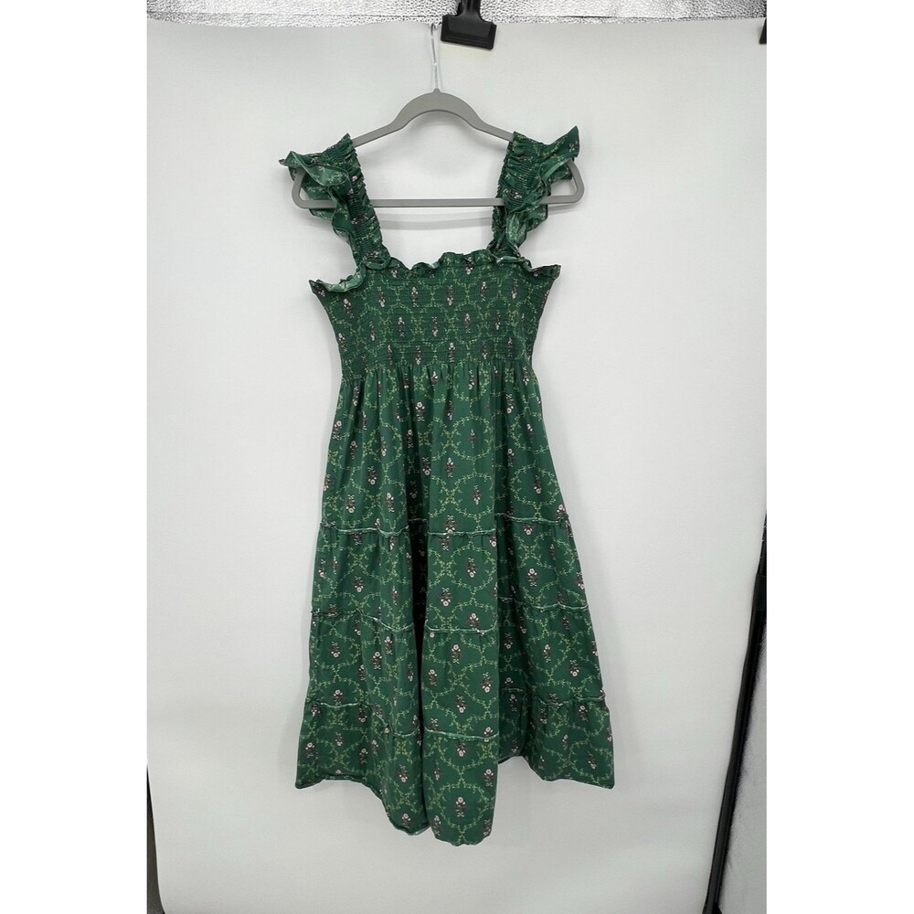 Hill House Ellie Nap Dress Midi Size M Emerald Trellis Floral Ruffle Cottagecore